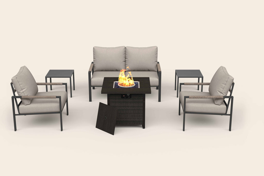 light gray aluminum fire table conversation set