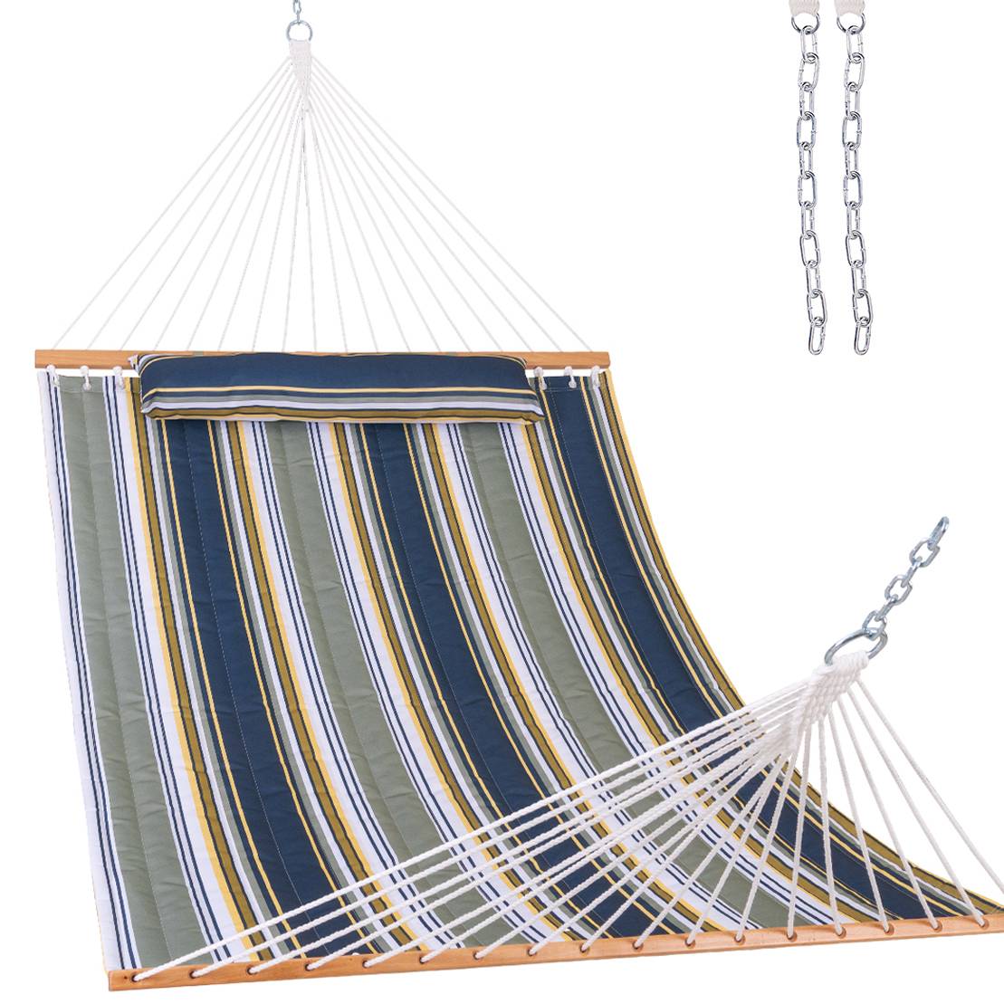 Deluxe Quilted Fabric Hammock with Steel Hammock Stand and Pillow Combo