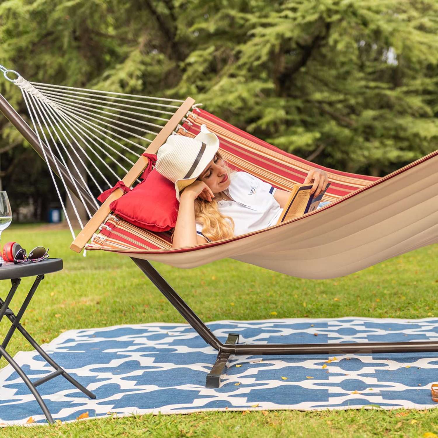 Deluxe Quilted Fabric Hammock with Steel Hammock Stand and Pillow Combo