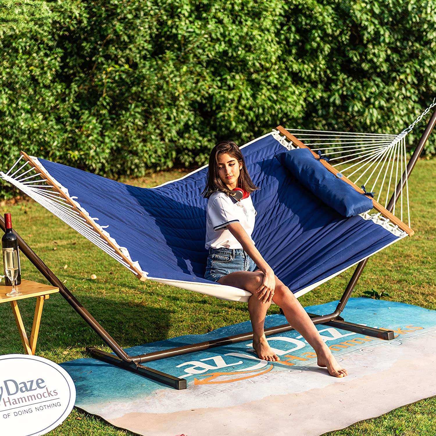 Deluxe Quilted Fabric Hammock with Steel Hammock Stand and Pillow Combo