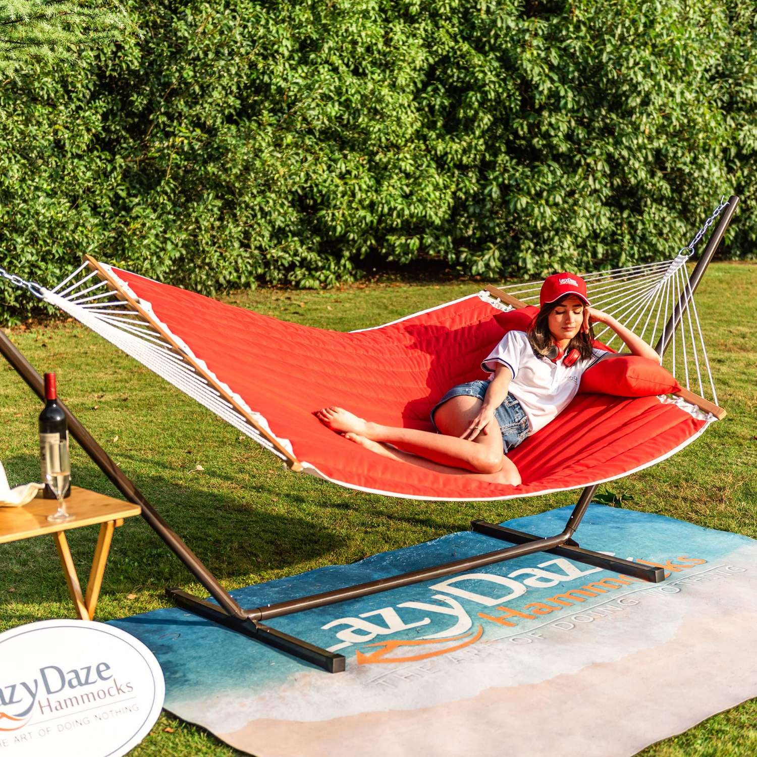 Deluxe Quilted Fabric Hammock with Steel Hammock Stand and Pillow Combo