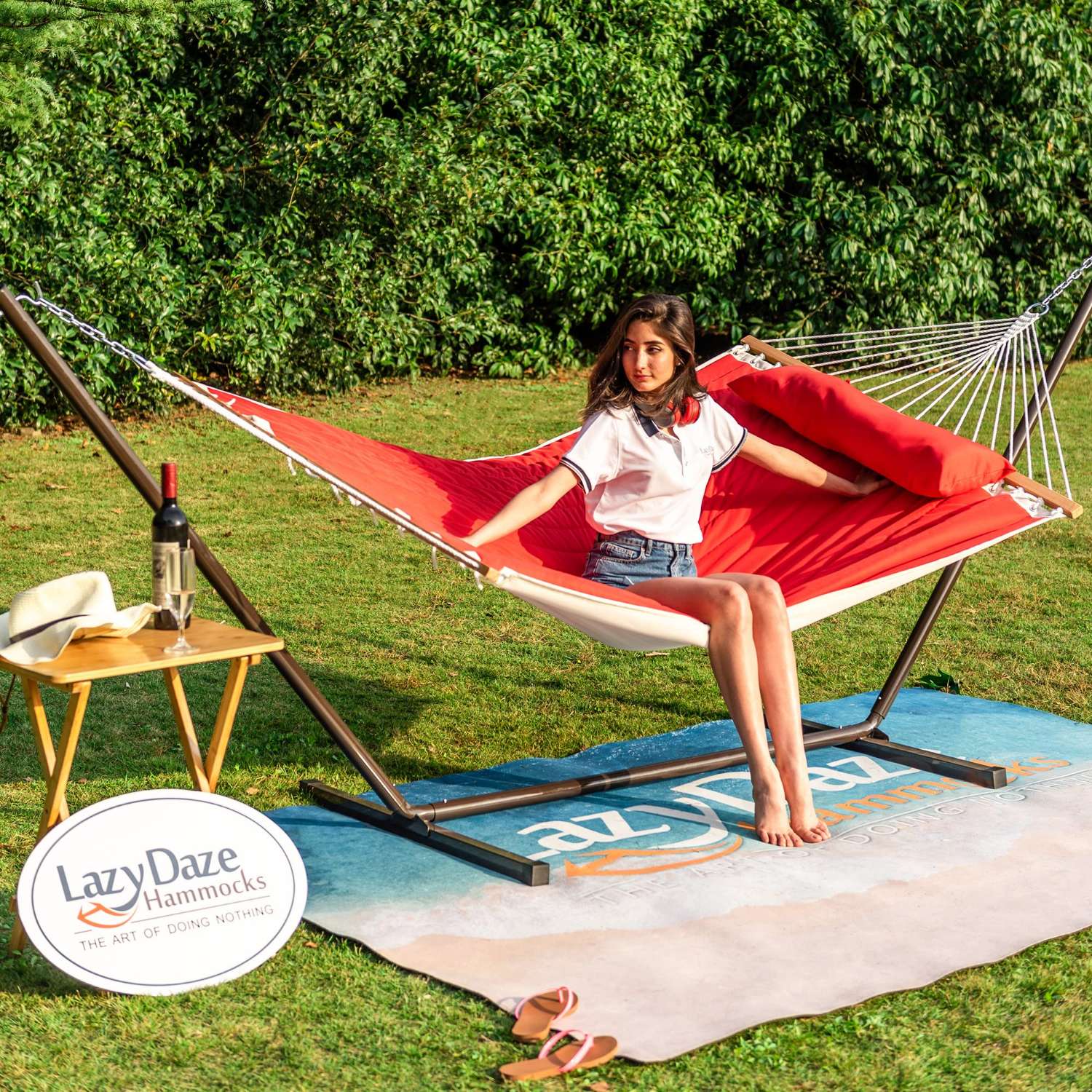 Deluxe Quilted Fabric Hammock with Steel Hammock Stand and Pillow Combo