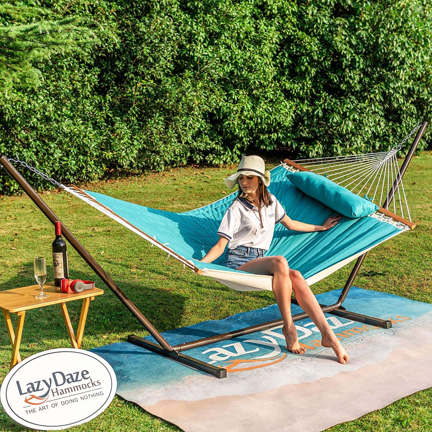 Deluxe Quilted Fabric Hammock with Steel Hammock Stand and Pillow Combo