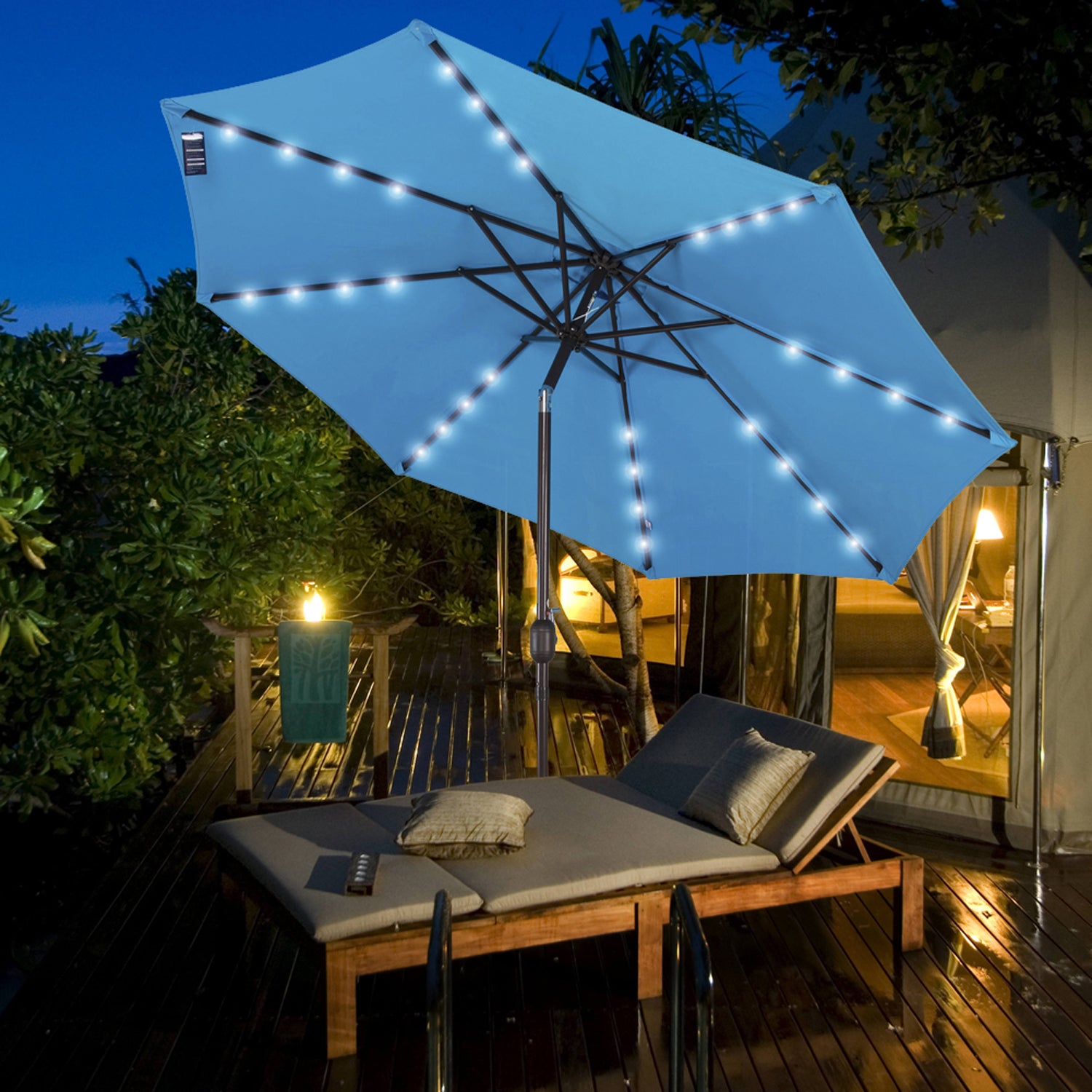 Solar Powered 32 LED Lighted Outdoor Patio Umbrella#color_blue